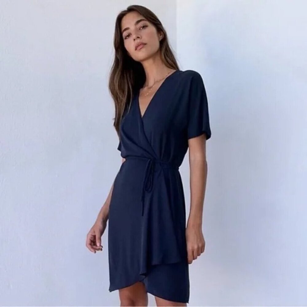 Aritzia Babaton Wrap Wallace Mini Dress Navy Blue Size Small